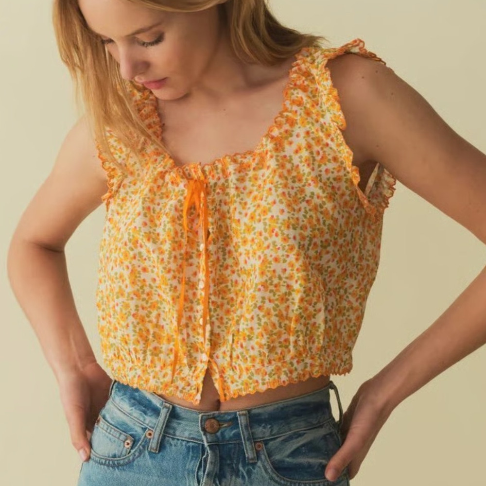 Doen Traveler Cotton Ruffle Sleeveless Blouse Top Clementine Daisy Fields
